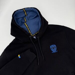Warrington Wolves Rugby Hoodie Mens‎ Size Large Black Pullover Embroidered Logo